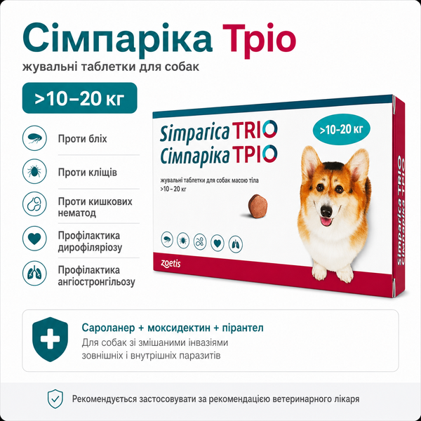 Сімпаріка Тріо (Simparica Trio), 1 таб &mdash; комбіновані жувальні таблетки для собак масою понад 10 до 20 кг
