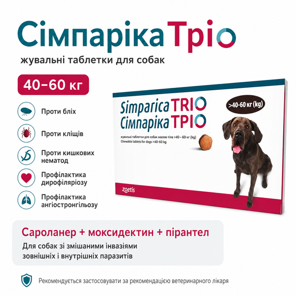 Сімпаріка Тріо (Simparica Trio) 40 - 60 кг &mdash; жувальні таблетки від бліх і кліщів для собак, 1 таб &mdash; Сімпаріка Тріо (Simparica Trio), 1 таб &mdash; комбіновані жувальні таблетки для собак масою понад 40 до 60 кг на основі сароланеру, моксидектину та пірантелу. Препарат застосовують при одночасному зараженні або ризику зараження блохами, кліщами та шлунково-кишковими нематодами, а також для профілактики дирофіляріозу й ангіостронгільозу. Захищає від нових уражень блохами протягом 5 тижнів та діє проти окремих видів кліщів протягом 4&ndash;5 тижнів.