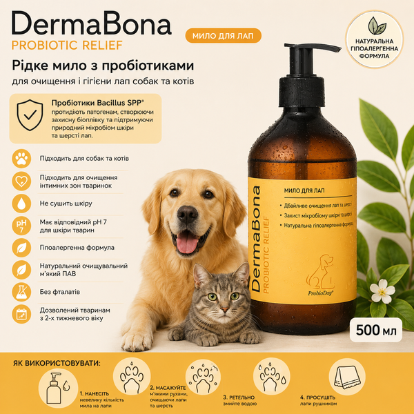 Рідке мило DermaBona ProbioDay 500 мл з пробіотиками, для очищення і гігієни лап собак &mdash; DermaBona ProbioDay 500 мл &mdash; рідке мило з пробіотиками Bacillus spp. для очищення лап та інтимних зон собак і котів. Засіб допомагає видаляти бруд і шкідливу мікрофлору, підтримує природний мікробіом шкіри та шерсті й утворює на поверхні шкіри захисну біоплівку. Формула з pH 7 не пересушує шкіру, не містить фталатів і підходить тваринам починаючи з 2-тижневого віку.
