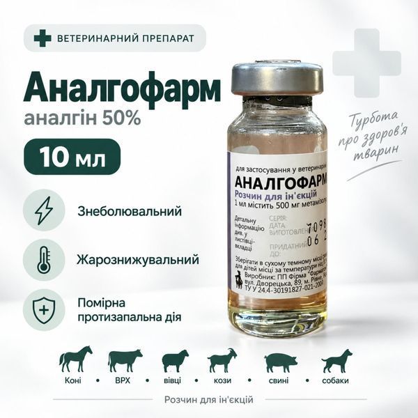 Аналгофарм аналгін 50% 10 мл розчин для ін'єкцій з метамізолом натрію для знеболення тварин