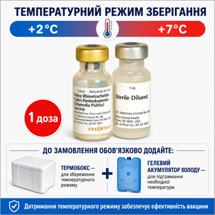 Фелоцел 4 Felocell 4 вакцина проти вірусного ринотрахеїту, панлейкопенії і хламідіозу у кішок, 1 доза &mdash; Фелоцел 4 (Felocell 4) &mdash; жива комплексна вакцина для профілактики вірусного ринотрахеїту, каліцівірусної інфекції, панлейкопенії та хламідіозу котів. Застосовується кошенятам із 12-тижневого віку. Первинна вакцинація передбачає дворазове введення по 1 дозі з інтервалом 3&ndash;4 тижні, ревакцинацію проводять один раз на рік. Імунна відповідь формується через 21 день після повторного введення та зберігається протягом 12 місяців.

Вакцина потребує обов&rsquo;язкового зберігання і транспортування за температури від 2 до 7 &deg;С без заморожування. Для перевезення необхідно придбати термобокс.