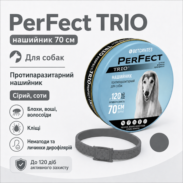 PerFect TRIO протипаразитарний нашийник для собак 70 см від бліх і кліщів - Сірий