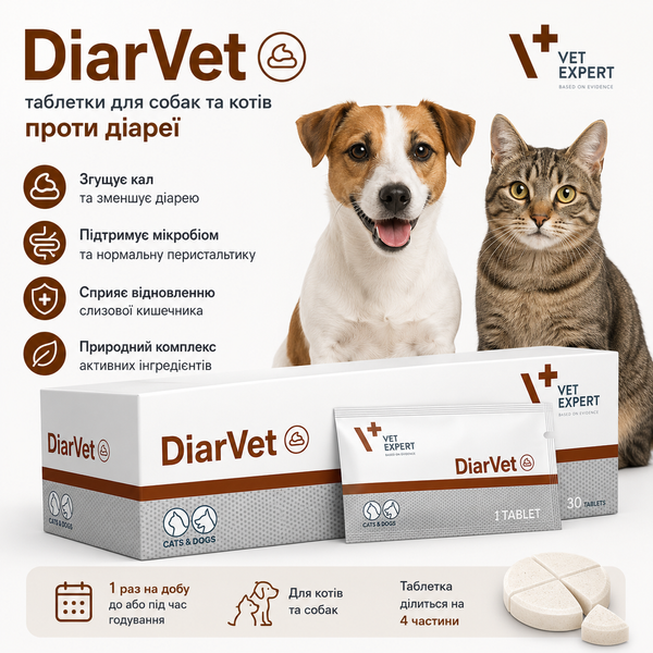 DiarVet (ДіарВет) 6 таблеток &mdash; кормова добавка для котів і собак при діареї, рідкому калі та порушенні роботи кишечника