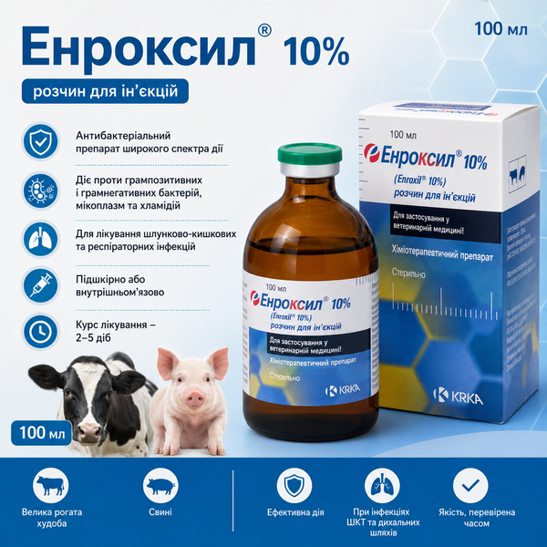 Енроксил 10% 100 мл - розчин для ін&rsquo;єкцій з енрофлоксацином