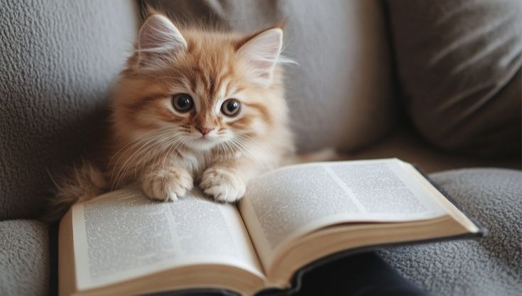Котеня в окулярах читає книгу — відповіді на запитання про вітаміни для тварин