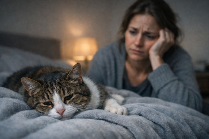 Млявий хворий кіт лежить на ковдрі — можливий симптом отруєння у котів
